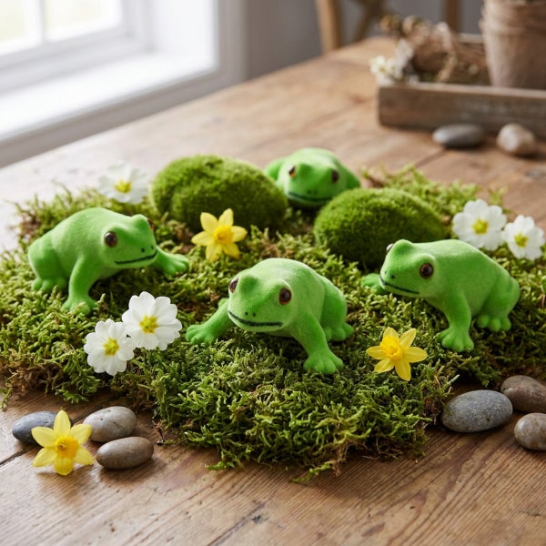 Dekorative Frösche aus beflocktem Material arrangiert auf einem Moosbett mit Frühlingsblumen und Kieselsteinen auf einem Holztisch.