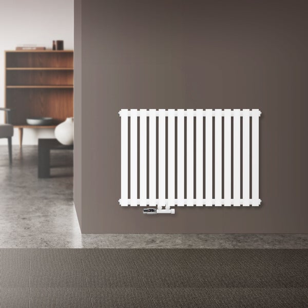 LuxeBath Designheizkörper Stella Horizontal 870 x 600 mm Weiß, Mittelanschluss inkl. Anschlussgarnitur mit Thermostat Eckform Wandanschluss, Badezimmer Heizkörper Paneelheizkörper, Bad Badheizkörper