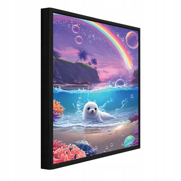 Wandbild mit einer Robbe im Meer bei Sonnenuntergang mit Regenbogen, gerahmt in einem schwarzen Rahmen, perspektivische Ansicht.
