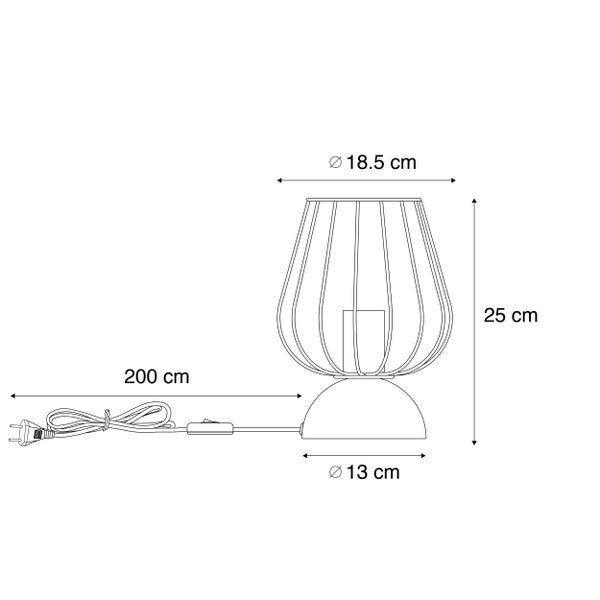 Technische Zeichnung einer Tischleuchte mit den Maßen 18,5 cm Durchmesser, 25 cm Höhe, 13 cm Durchmesser und 200 cm Kabellänge