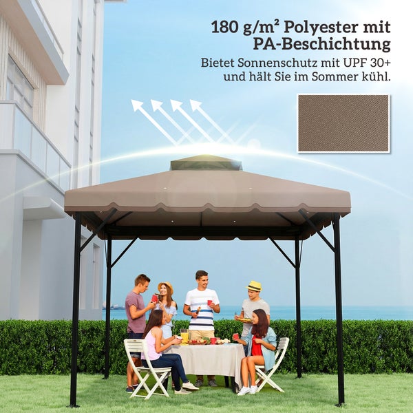 Gartenpavillon mit schwarzem Gestell und beigem Dach aus Polyester mit PA-Beschichtung und UV-Schutz 30 plus. Personen sitzen an einem Tisch im Garten.