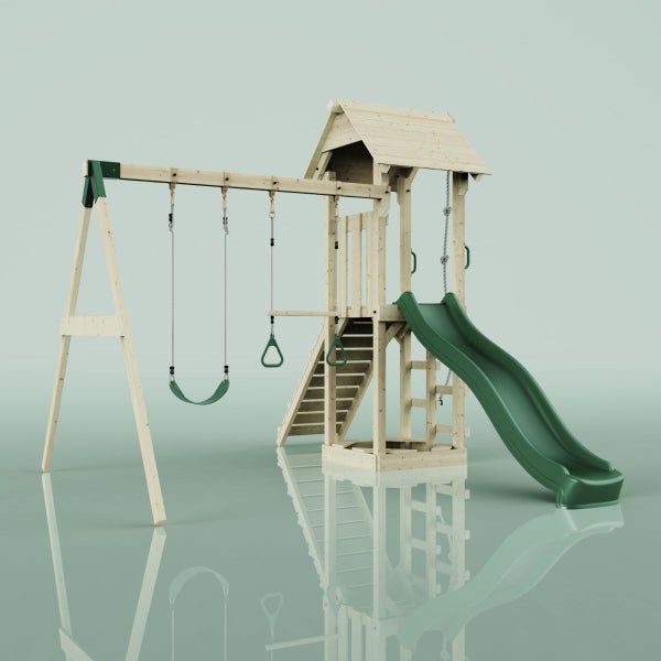 Spielplatz mit Schaukel, Rutsche und Klettergerüst aus Holz