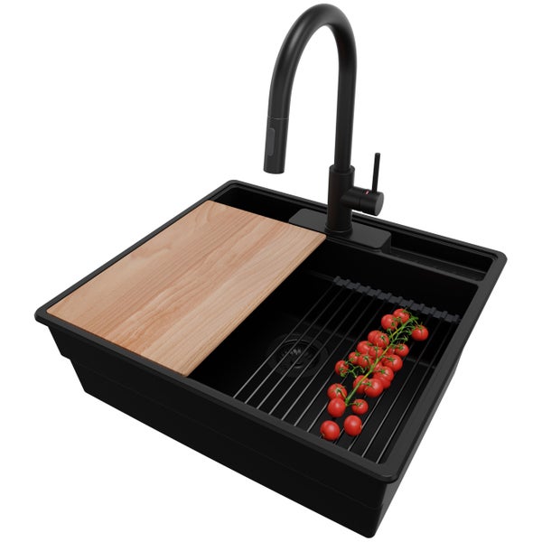 PRIMAGRAN Granitspüle Alles Schwarz 58x53cm, Spülbecken 1 Becken + Küchenarmatur 40x20cm + Ablauf-Set + Küchenzubehörset, Küchenspüle ab 60er Unterschrank - New York