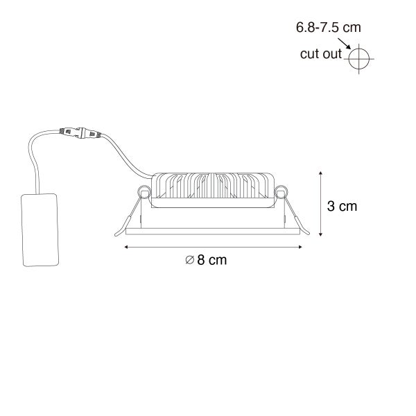 Technische Zeichnung eines Einbaustrahlers mit Maßen. Durchmesser 8 Zentimeter, Einbauhöhe 3 Zentimeter, Ausschnitt 6.8 bis 7.5 Zentimeter.