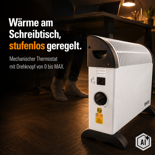 Elektrischer Konvektor mit mechanischem Thermostat und stufenloser Regelung für Schreibtisch und Wohnraum.