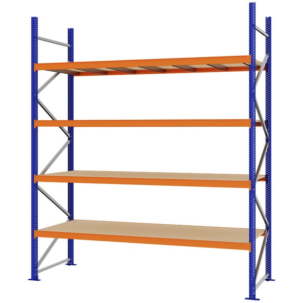 Schwerlastregal mit blauem Metallrahmen, orangefarbenen Traversen und vier Holzböden.