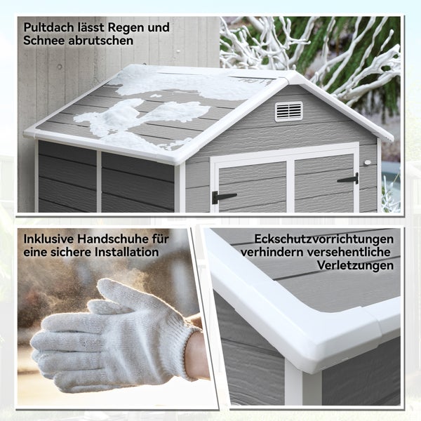 Graues Gartenhaus aus Kunststoff mit Satteldach auf einer Holzterrasse. Geöffnete Doppeltüren zeigen ein Regal mit Boxen und eine Leiter im Inneren.