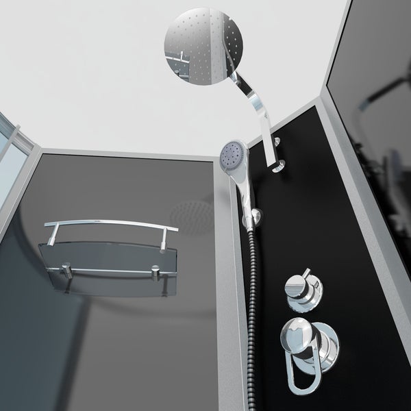 Maßzeichnung einer Dusch-Badewannen-Kombination. Höhe 225 Zentimeter, Breite 170 Zentimeter, Tiefe 98 Zentimeter. Mit Massagedüsen und Sitz.