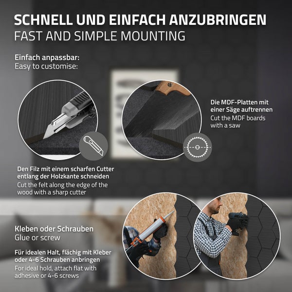 ML-Design 2er Set Akustikpaneele 66x81x2cm für 1m² – Schwarz, MDF Akustikplatten in Hexagon-Holzoptik, Wandpaneele zur Schalldämmung, Wandverkleidung für Büro, Studio, Schallschutz & Akustikbehandlung