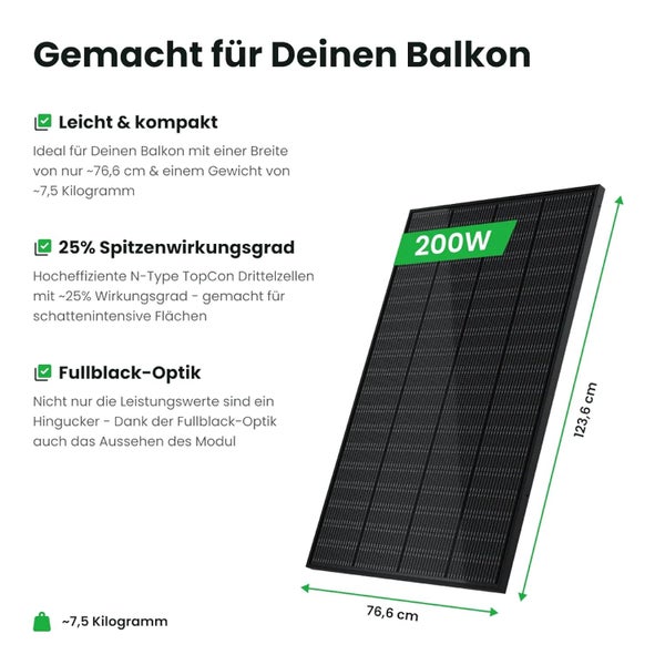 Balkon-Solarmodul 200 Watt Fullblack mit den Maßen 76,6 cm mal 123,6 cm und einem Gewicht von circa 7,5 Kilogramm.