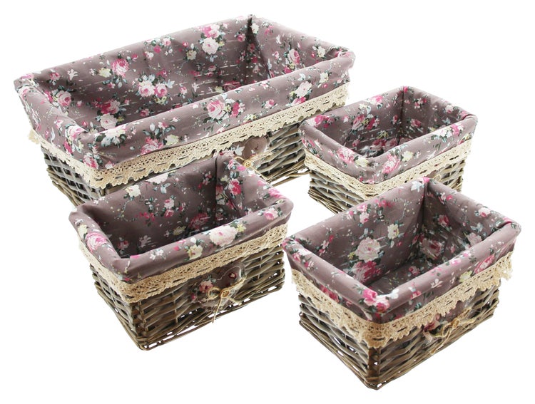 FRANK FLECHTWAREN | Universalkorb Rosenliebe, 4er Set, WEIDE, 40 x 25 x 16 cm, 20 x 14 x 11 cm