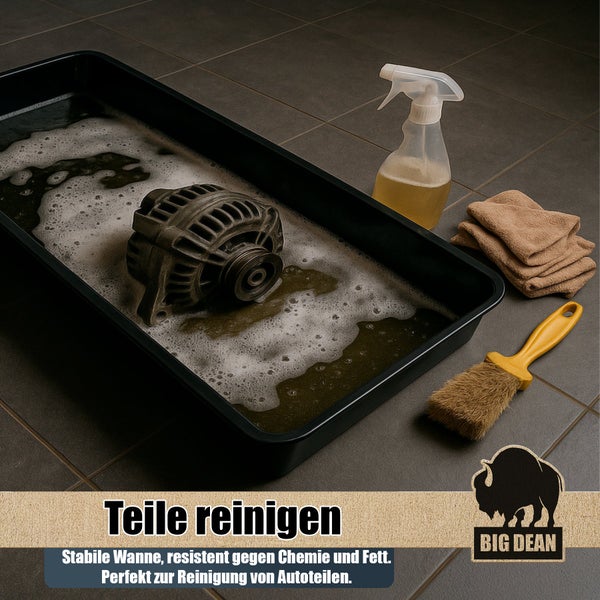 Reinigungsset mit stabiler Auffangwanne für Autoteile, inklusive Sprühflasche, Tuch und Reinigungsbürste, Big Dean Logo.