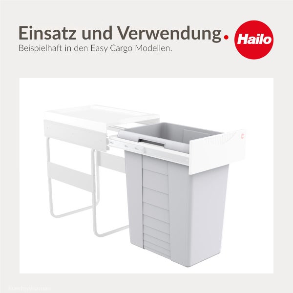 Hailo Logo. Abfallsystem Easy Cargo mit herausziehbarem Mülleimer aus Kunststoff auf Metallschienen.