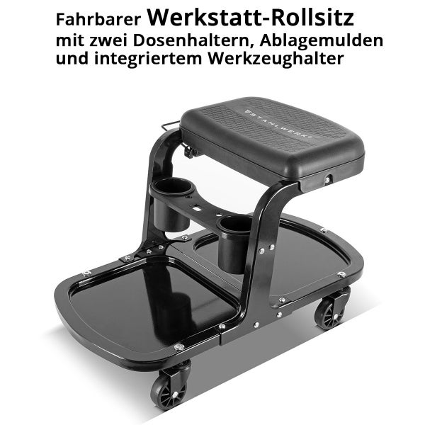 Fahrbarer Werkstatt-Rollsitz mit zwei Dosenhaltern, Ablagemulden und integriertem Werkzeughalter