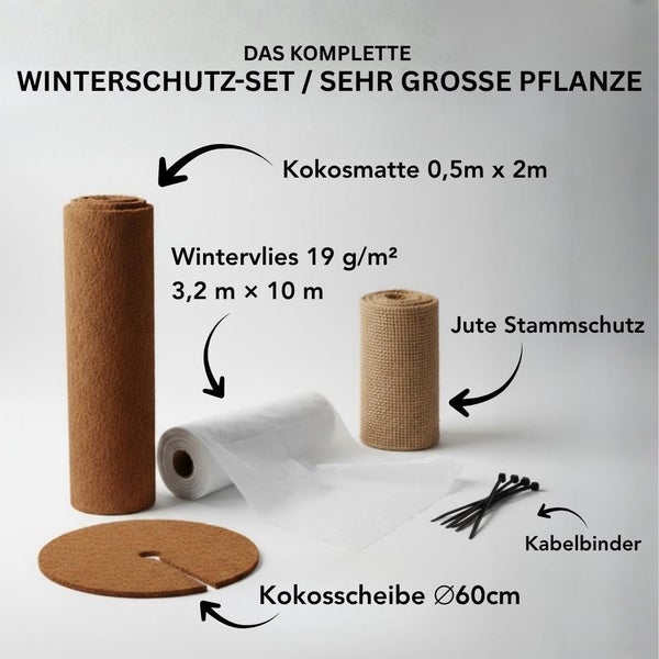 Winterschutzset für große Pflanzen bestehend aus Kokosmatte, Wintervlies, Jute Stammschutz, Kokosscheibe und Kabelbindern.