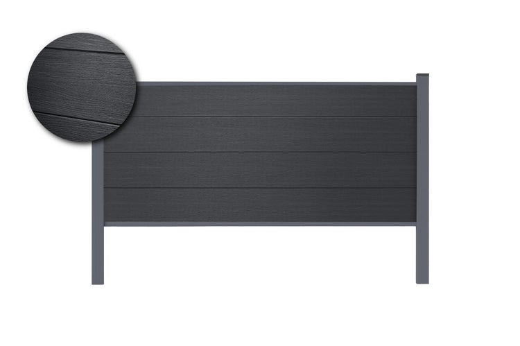 Sichtschutzzaun aus WPC in Anthrazit mit horizontalen Lamellen und Detailansicht der Oberflächenstruktur in Holzoptik.