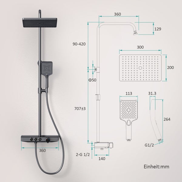 Dunkles Duschsystem mit rechteckiger Regendusche, Handbrause und Thermostat inklusive technischer Zeichnung mit Maßen in Millimetern.