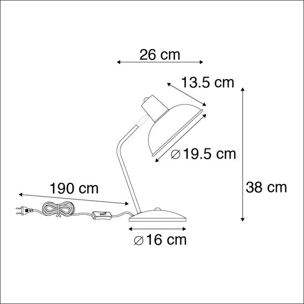 Technische Zeichnung einer Schreibtischlampe mit Maßangaben
