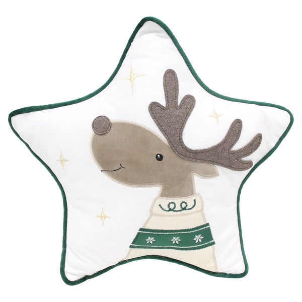 Weihnachtliches Dekokissen in Sternform mit appliziertem Rentier im Pullover als dekoratives Wohnaccessoire.