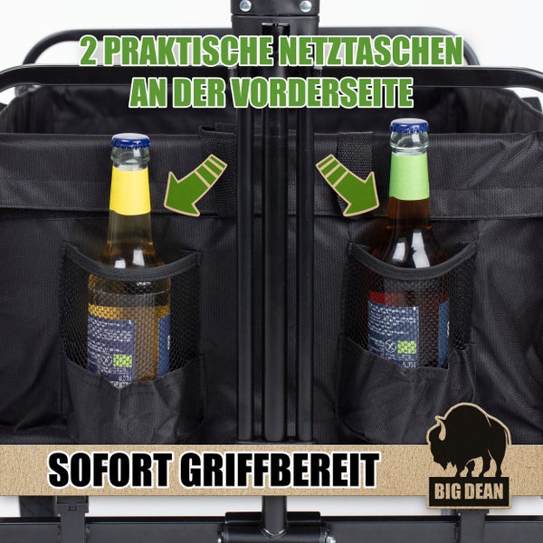 Detailansicht eines Bollerwagens mit zwei Getränkeflaschen in Netztaschen an der Vorderseite und Big Dean Logo.