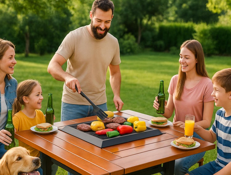 Eine Familie grillt gemeinsam im Garten an einem Holztisch mit einem integrierten Grill.