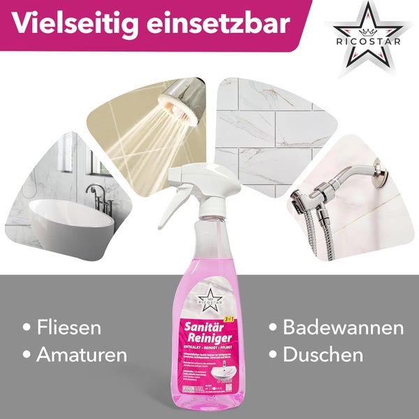 Ricostar Sanitärreiniger 500 ml – 3in1 Badreiniger für hygienische Sauberkeit – Kalkreiniger ideal für Sanitärporzellan, Amaturen, Chromstahl & Fliesen – Badreiniger-Spray gegen Kalk & Schmutz