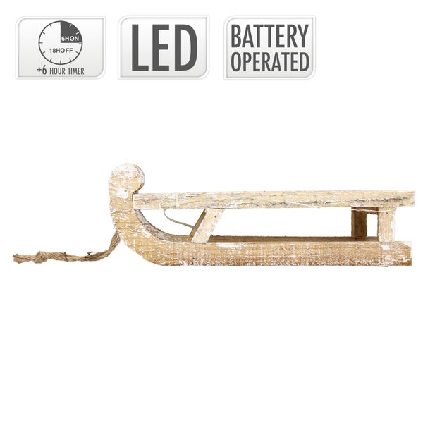 ECD Germany Deko Schlitten aus Holz mit 25 Warmweißen LEDs, 31,5x14,5x10,5 cm, Braun-Natur, Batterriebetrieben, Timer 6 Std., Schnur, Weihnachtsdeko Weihnachten Dekoration Dekoschlitten Holzschlitten