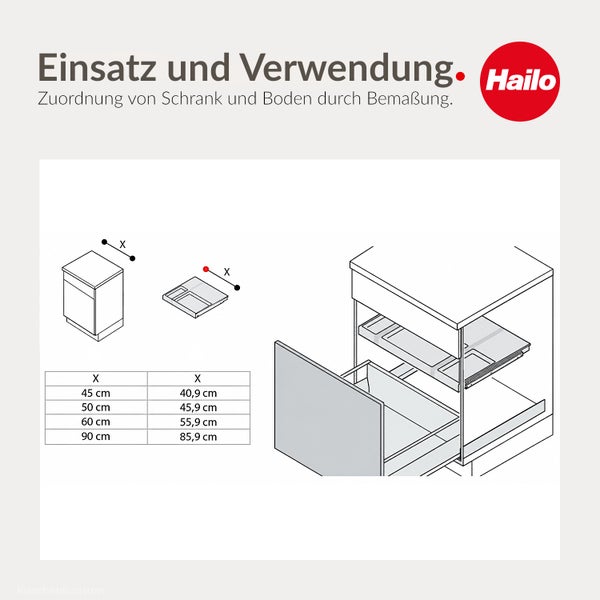 Technische Zeichnung der Hailo Schrank und Bodenzuordnung mit Bemaßungstabelle für verschiedene Schrankbreiten.