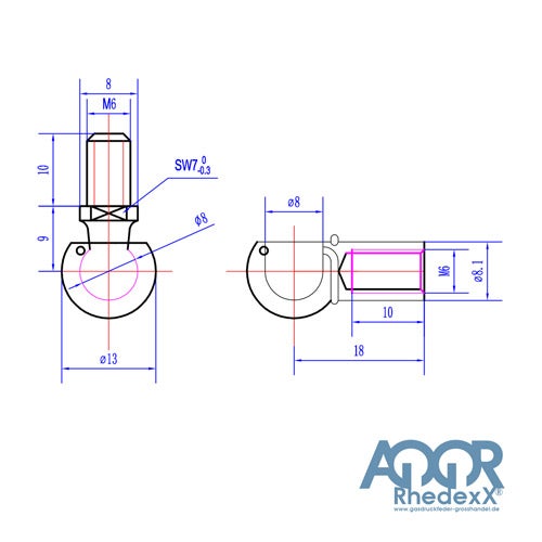 Technische Zeichnung eines Kugelgelenks mit M6 Gewinde und Maßangaben sowie AQOR RhedexX Logo.