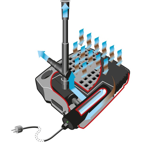 Darstellung eines Teichfilters mit UV-Klärer und Wasserfluss-Pfeilen.