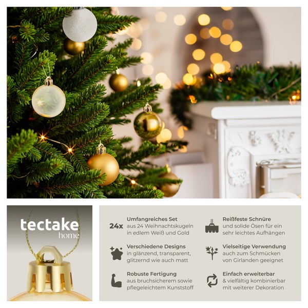 Weihnachtsbaum geschmückt mit Christbaumkugeln in Weiß und Gold, tectake Home Logo