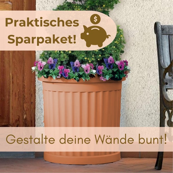 Blumentopf mit Pflanzen und Hinweis auf ein Sparpaket