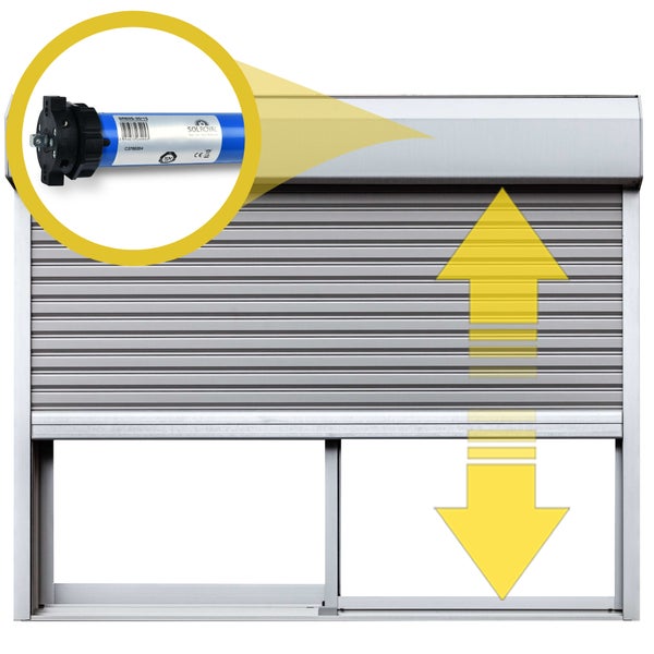 SolRoyal Rollladenmotor eingebaut in einen Rollladen mit Pfeilen für die Auf- und Abbewegung.