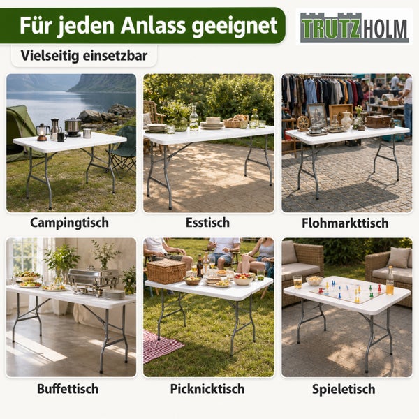 Trutzholm Logo. Vielseitiger Klapptisch für Camping, Essen, Flohmarkt, Buffet, Picknick und Spiele im Innen- und Außenbereich.