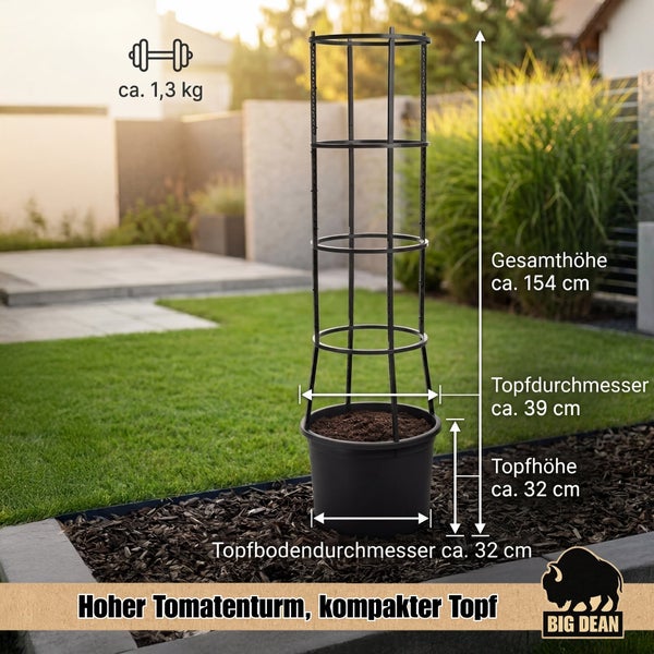 Hoher Tomatenturm mit kompaktem Pflanztopf inklusive Maße und Gewicht von Big Dean für den Garten.