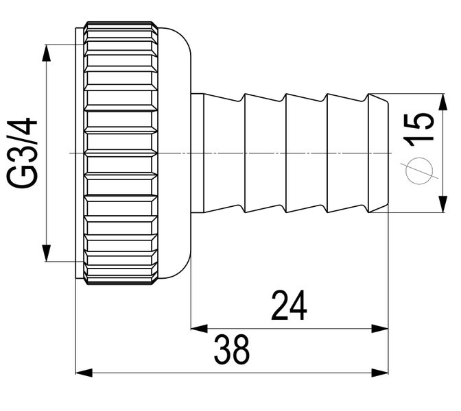Technische Zeichnung einer Schlauchtülle mit G 3/4 Zoll Gewinde und 15 Millimeter Schlauchanschluss, Gesamtlänge 38 Millimeter.