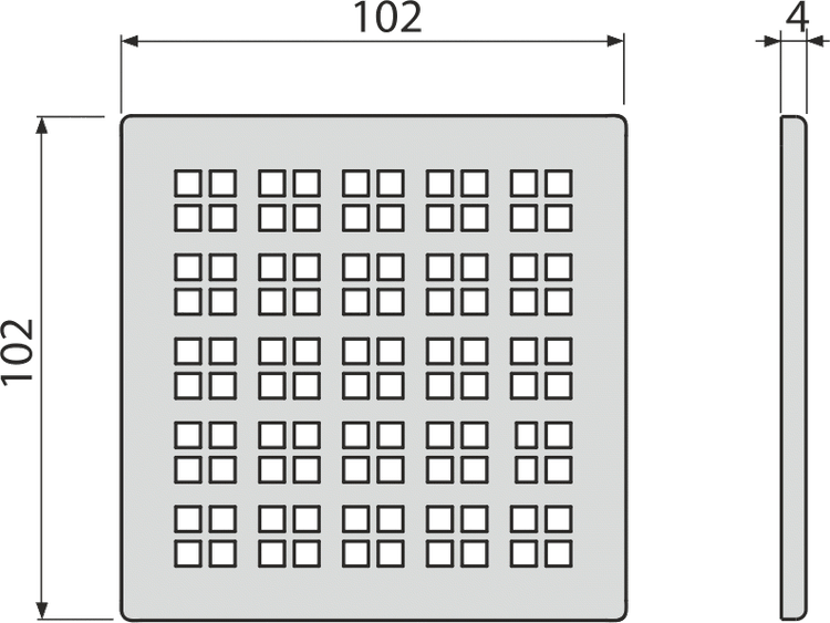 Maßzeichnung einer quadratischen Abdeckung mit Gittermuster, Breite 102 Millimeter, Höhe 102 Millimeter, Tiefe 4 Millimeter.