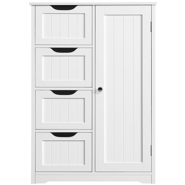 Badezimmerschrank in Weiß mit vier Schubladen und einer Tür im Landhausstil.