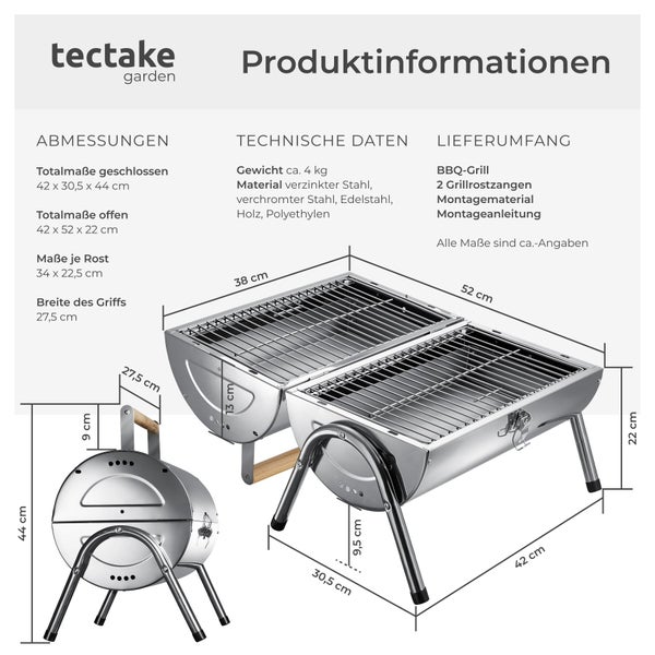 tectake garden Logo. Produktinformationen zum Holzkohlegrill mit Abmessungen in Zentimetern, technischen Daten und Lieferumfang.