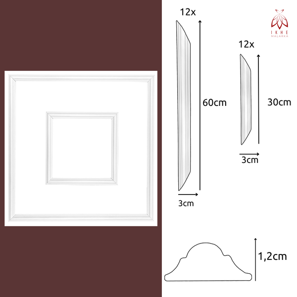 Wandleisten-Set weiß: 12 Stück à 60 Zentimeter, 12 Stück à 30 Zentimeter. Breite 3 Zentimeter, Höhe 1,2 Zentimeter. IKHE MALARKA Logo.