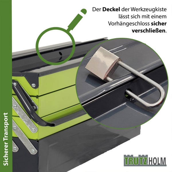 Eine aufklappbare Werkzeugkiste aus Metall von Trutzholm, die mit einem Vorhängeschloss sicher verschließbar ist.