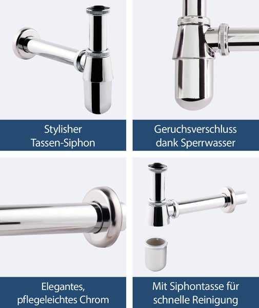 Sanitop-Wingenroth Flaschengeruchsverschluss | Tassensiphon in 1 1/4 x 32 mm | ideal für kleine Bäder | Metall | Chrom | 221221