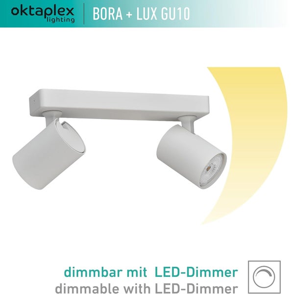Bora Deckenstrahler 2-flammig warmweiß dimmbar GU10 Leuchtmittel 400lm 2700K LED Spotbalken für Decke und Wand weiß