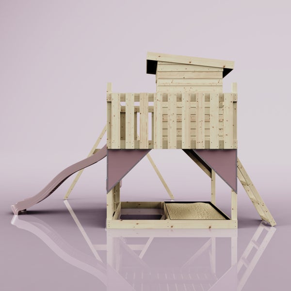 Spielturm aus Holz mit Rutsche, Sandkasten, Leiter und Spielhaus für den Garten.