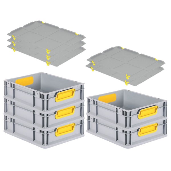 PROREGAL Spar Set 5x Eurobox Nextgen Color Mit Auflagedeckel & Schiebeschnappverschlüsse HxBxT 12 x 30 x 40 cm Griffe Gelb Geschlossen Glatter Boden