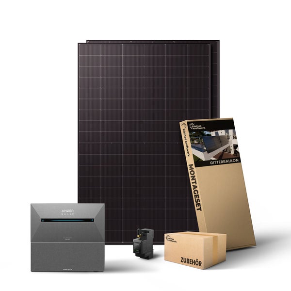 Komplettes Balkonkraftwerk Set mit zwei Solarmodulen, Anker Solix Speicher, Smart Meter, Montageset für Gitterbalkone und Zubehör.