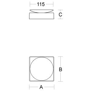Maßzeichnung eines quadratischen Produkts mit runder Schale, Breite 115, gekennzeichnet mit den Variablen A, B und C.