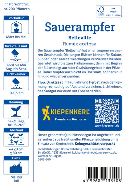 Saatgutpackung für Sauerampfer Belleville Rumex acetosa von Kiepenkerl mit Anbauinformationen und FSC Zertifikat.