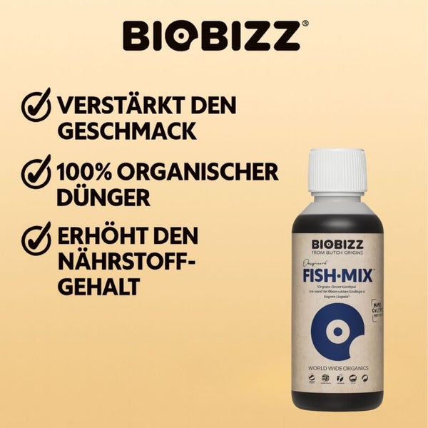 Biobizz Fish-Mix, 100 Prozent organischer Dünger, verstärkt den Geschmack und erhöht den Nährstoffgehalt. Biobizz Logo.