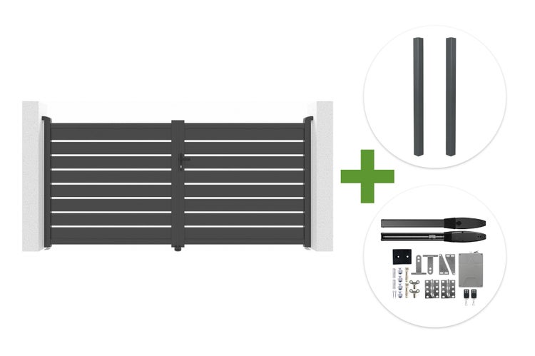Zweiflügeliges Gartentor mit Lamellen inklusive zwei Pfosten und elektrischem Torantrieb-Set.